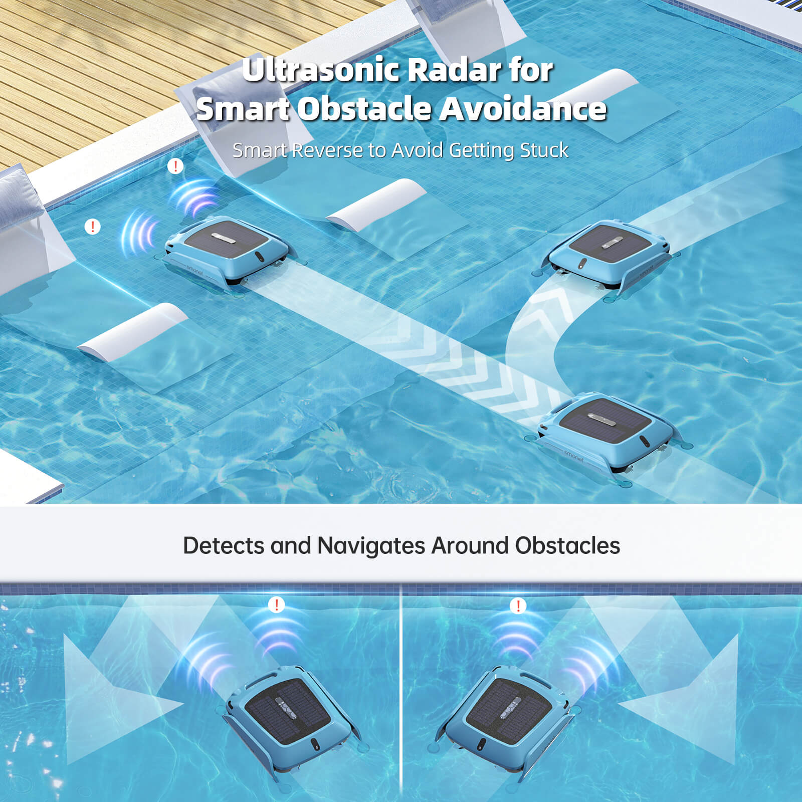 Smonet SR5 robotic pool skimmer-Ultrasonic Radar for Smart Obstacle Avoidance. Smart Reverse to Avoid Getting Stuck